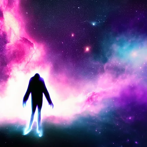 Prompt: a towering godlike apparition in the shape of a human, made of smoke and fog, backlit by pink, purple, red, blue neon lighting, nebulas, backround of stars and galaxies