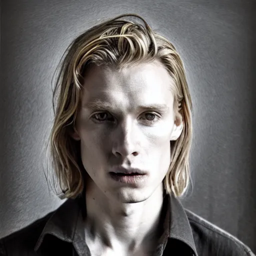 Image similar to A pencil drawing portrait of a blond young Irish man with high cheekbones. Good bone structure. Dressed in 1980s style. Highly detailed, fine Art, high detail, great lighting, 8k resolution, masterpiece, concept art, illustration, clear eyes, painting oil on canvas, octane render, HDR, trending on artstation, 4k, 8k, HD