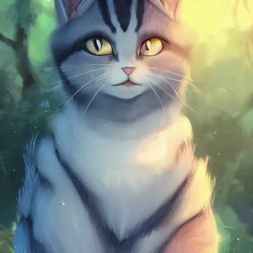 Image similar to a portrait of a cat in the forest, trending on artstation, trending on furaffinity, digital art, by kawacy, anime, furry art, warm light, backlighting, cartoon, concept art