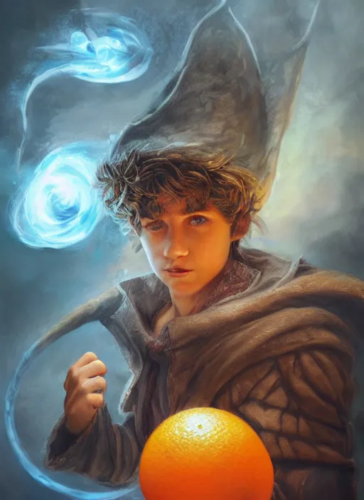 Image similar to Fifteen year old teenage hobbit wizard, short brown hair, pimples, mage hat, Orange Magic energy swirling body, Ivan Aivakovsky, Boris Vallejo, epic fantasy character art, D&D Concept Art, full length, Realistic, Regal, Refined, Detailed Digital Art, Oil Paining, Exquisite detail, post-processing, masterpiece, Cinematic Lighting, Unreal Engine, 8k, HD