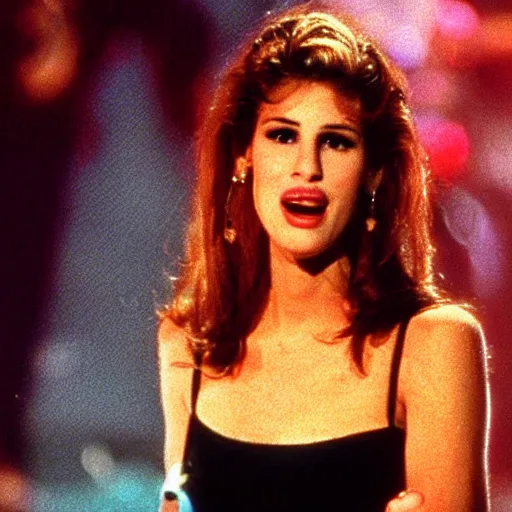 Image similar to Julia!! Roberts!! as Selena singing!! on a stage, 1995 movie, cinematic, beautiful!!!, elegant, symmetrical!! face