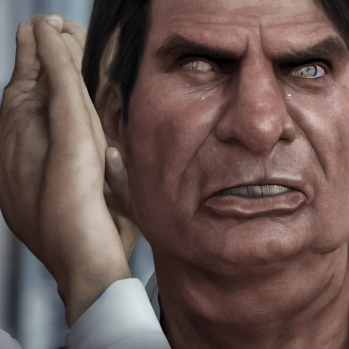 Image similar to photo of Jair Bolsonaro crying looking to workers party , hyper realism, high detail, octane render, 8k, chrome accents