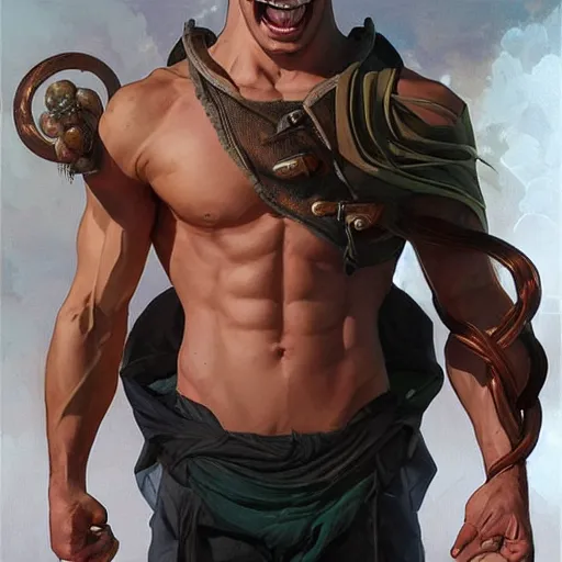 Prompt: character concept, portrait, symmetrical head - on centralized, laughing young man with strong body. detailed, high quality, dynamic lightning, fantasy, scenematic. artwork by artgerm, wlop, alex ross, greg rutknowski, alphonse mucha