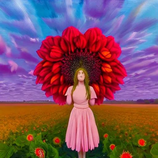 Image similar to giant dahlia flower head, full body girl standing in a flower field, surreal photography, sunrise, dramatic light, impressionist painting, colorful clouds, digital painting, artstation, simon stalenhag