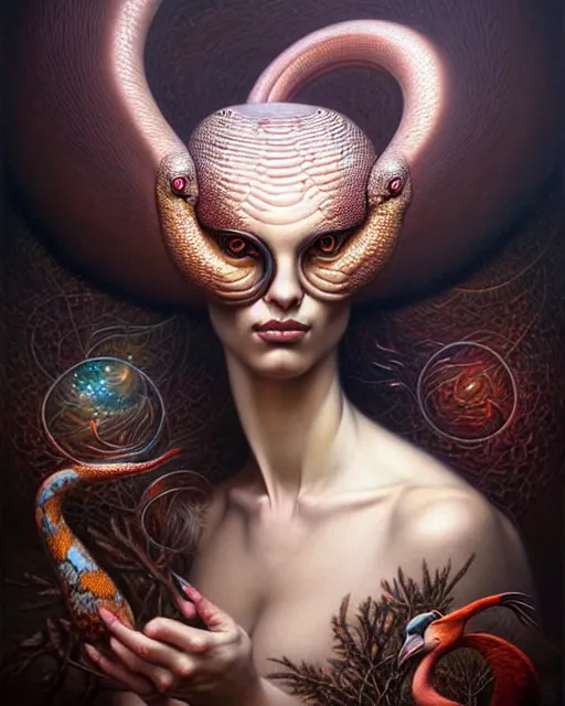 Image similar to a detailed portrait of dreampunk flamingo python hybrid mix beautiful! goddess by tomasz alen kopera and peter mohrbacher