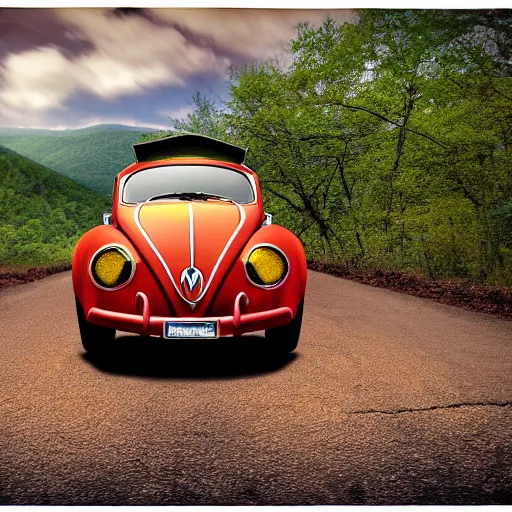 Prompt: promotional scifi - mystery movie scene of a real ladybug that is a hybrid with a ( volkswagen beatle ) hybrid, flying down a dusty back - road in smokey mountains tennessee. cinematic, 4 k, imax, 7 0 mm, muted dramtic color, hdr