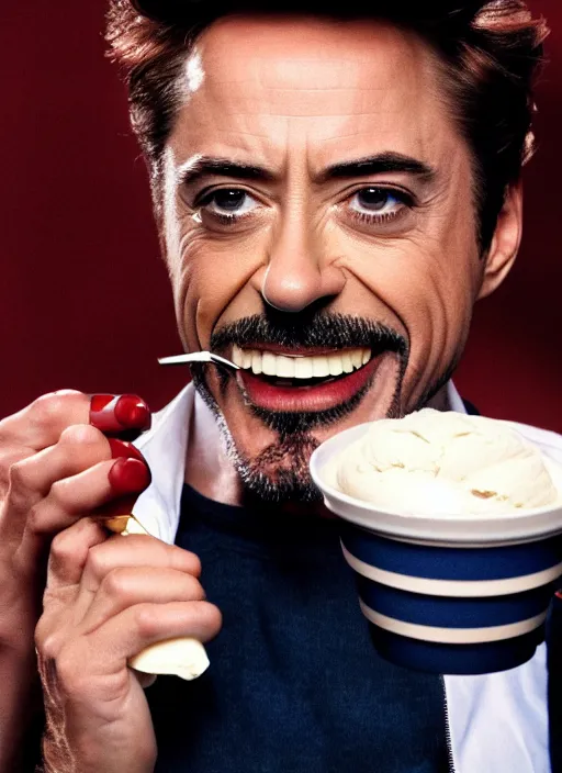 Image similar to a full portrait photo of robert downey jr eating ice cream in movie iron man, f / 2 2, 3 5 mm, 2 7 0 0 k, lighting, perfect faces, award winning photography.