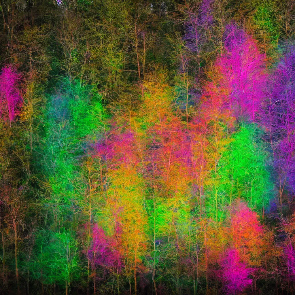 Prompt: a colourful long exposure photograph of many trees moving in a strong wind, back light, sony ar 7 ii, photographed by wolfgang tillmans