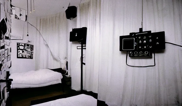Image similar to A bedroom designed by Nam June Paik, 35mm film, long shot