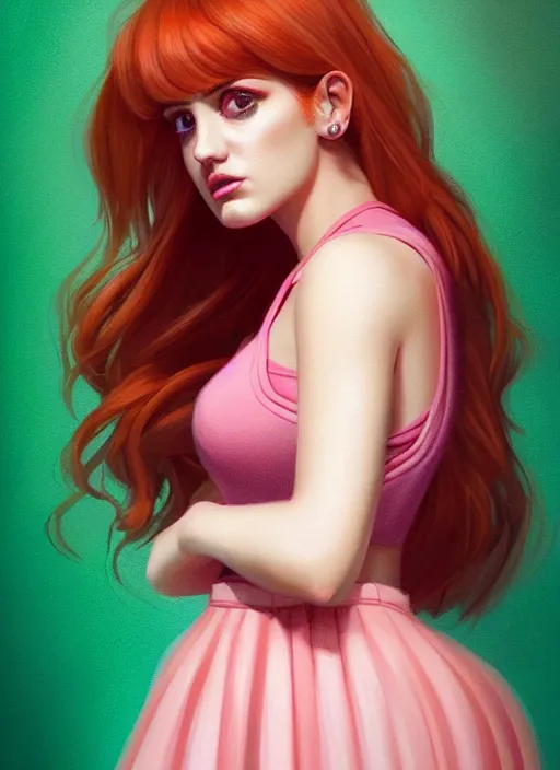 Image similar to full body portrait of teenage cheryl blossom, bangs, green eyes, sultry expression, red hair, sultry smirk, bangs and wavy hair, pink skirt, intricate, elegant, glowing lights, highly detailed, digital painting, artstation, concept art, smooth, sharp focus, illustration, art by wlop, mars ravelo and greg rutkowski