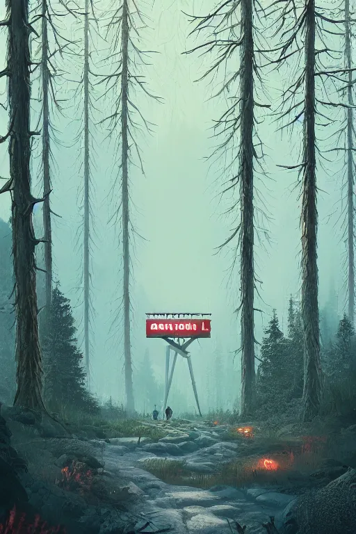 Image similar to Human, Simon Stalenhag in forest clearing style, trends on artstation, artstation HD, artstation, unreal engine, 4k, 8k