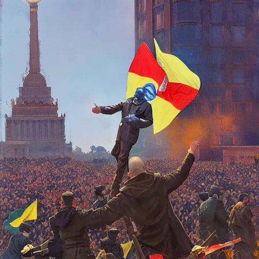 Image similar to a crowd of people with ukrainian flags bring down statue of vladimir lenin, photorealistic, highly detailed, artstation, smooth, sharp focus, art by michael whelan, artgerm, greg rutkowski and alphonse mucha