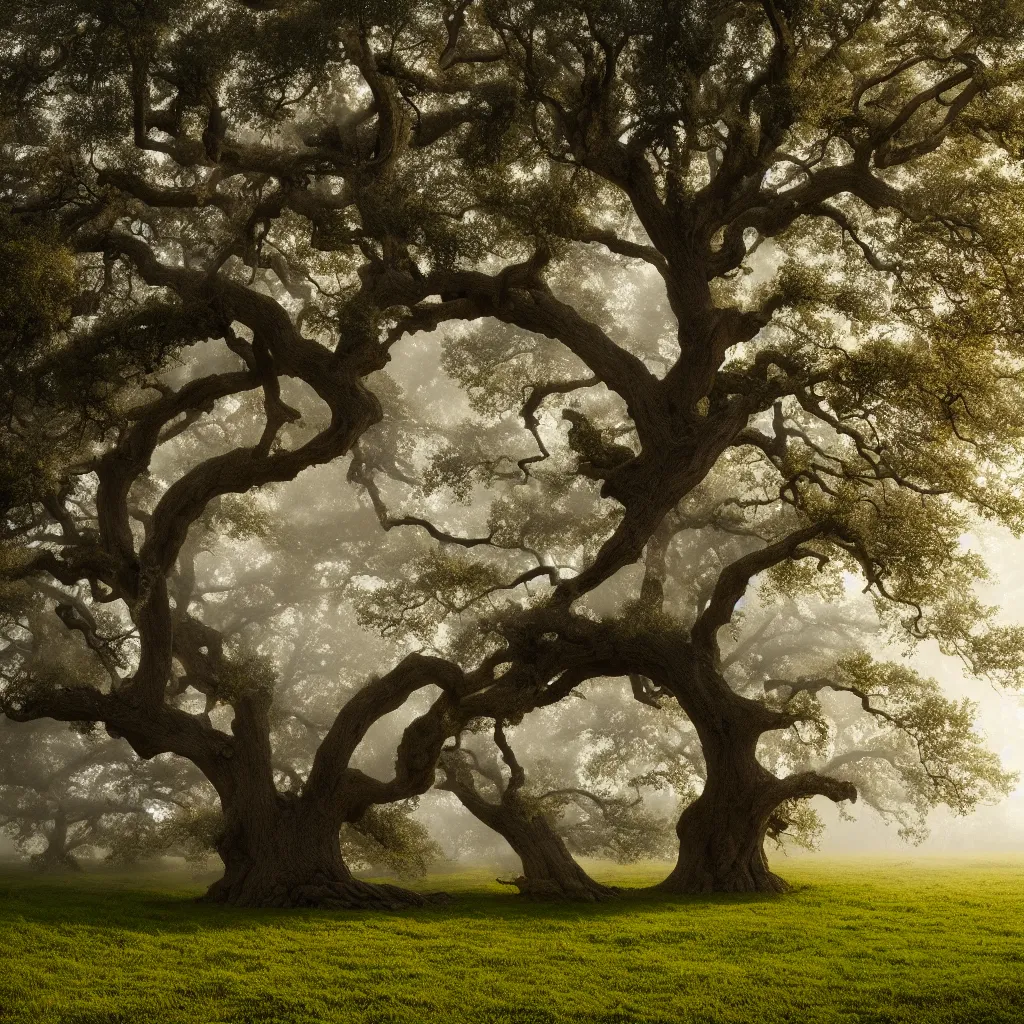 Prompt: old oak tree in four seasons colors growing on a meadow partially covered with morning fog, with big tree hollow in the trunk, with rope ladder hanging down from the tree hollow, cinematic lighting, photo realistic image, 4K, super detailed, cinematic look