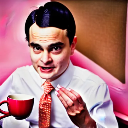 Prompt: close - up of ben shapiro angrily serving you tea at a japanese maid cafe, frilly outfit, depth of field, 3 5 mm, 8 k, photograph by annie leibovitz