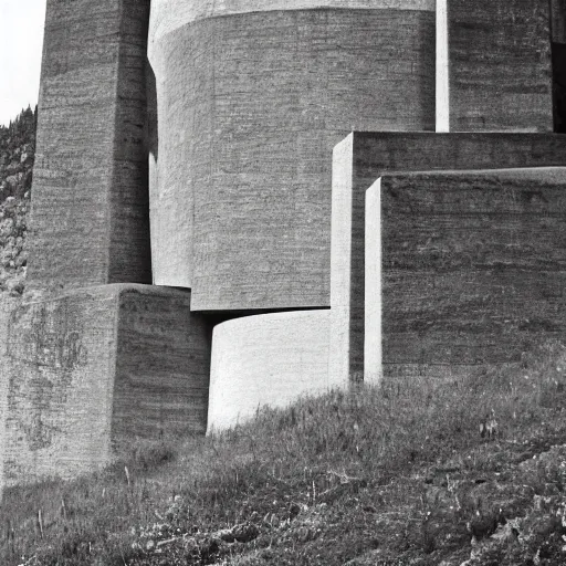 Image similar to brutalist concrete spomenik structure, in the mountains, taiga, by Henri Matisse