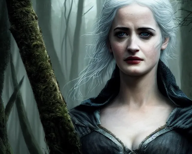 Prompt: 5 5 mm portrait photo of a real life tough looking battle hardened eva green as ciri with a thin face and a large scar across her left cheek, in a magical forest. dark atmosphere. art by greg rutkowski. highly detailed 8 k. intricate. lifelike. soft light. nikon d 8 5 0.