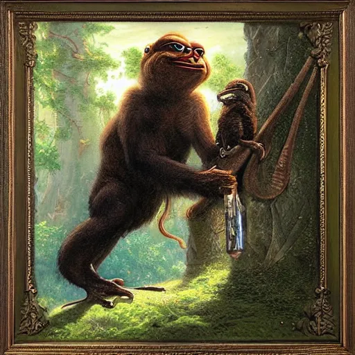 Prompt: pepe learning from apes, thomas kindkade, fantasy, intricate