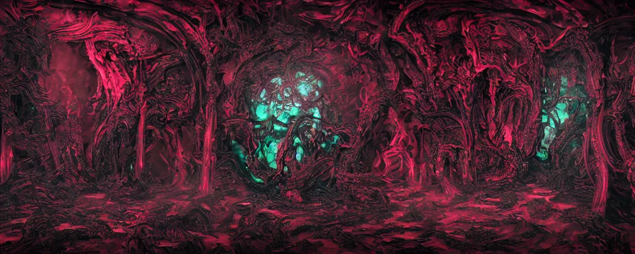 Prompt: Temple of elder gods, horrorcore, 8k matte, datamosh ,glitch, cosmic horror, ultra detailed, fine detail, realistic texture, giger | spiked korean bloodmoon sigil stars draincore, gothic demon hellfire hexed witchcore aesthetic, dark vhs gothic hearts, neon glyphs spiked with red maroon glitter breakcore Y2K horrorcore metal album cover