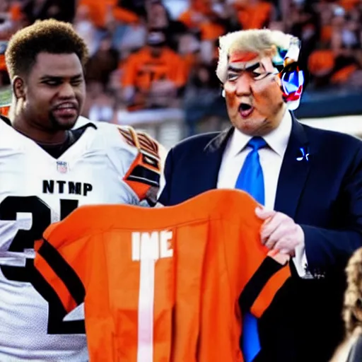 Prompt: Donald Trump in a Cincinnati Bengals football jersey