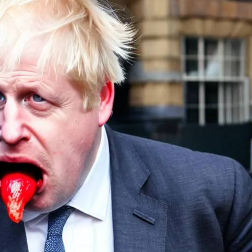 Image similar to boris johnson eating a hotdog mouth wide open, side profile