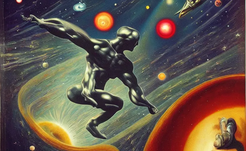 Prompt: silver surfer surfing by planets in space. pulp sci - fi art for omni magazine. high contrast. baroque period, oil on canvas. renaissance masterpiece.