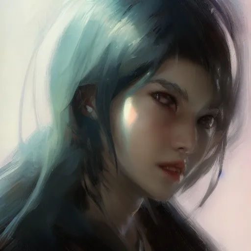 Image similar to a cute girl by ruan jia, 8 k, closeup headshot, smooth, trending on artstation, black long hair, black eyes, movie poster style