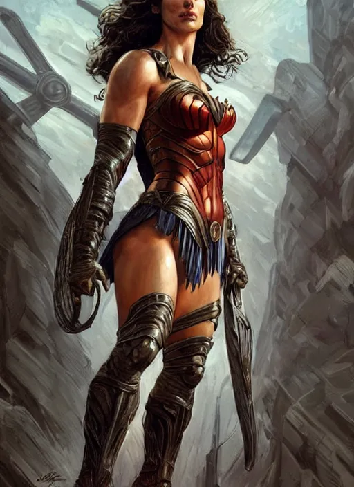 Image similar to very muscled Amazon gal gadot as a ruggedly mean looking heroine, intricate, elegant, highly detailed, centered, digital painting, artstation, concept art, smooth, sharp focus, illustration, art by artgerm and donato giancola and Joseph Christian Leyendecker, WLOP