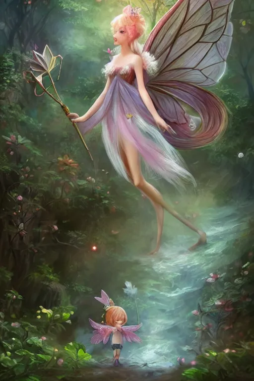 Image similar to a cute and geogerous fairy in the dreamy forest, fantasy, dreamlike, 8 k resolution, hyper detailed, d & d, character design, digital painting, trending on artstation, sharp focus, illustration, art by viktoria gavrilenko, hoang lap, fuji choko, steve zheng,