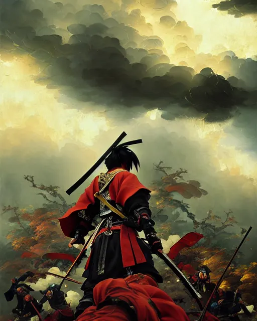 Image similar to baroque oil painting of key visual great samurai war, many warriors, rain, storm, final fantasy, fake detail, trending pixiv fanbox, acrylic palette knife, style of makoto shinkai takashi takeuchi yoshiyuki sadamoto greg rutkowski chiho aoshima