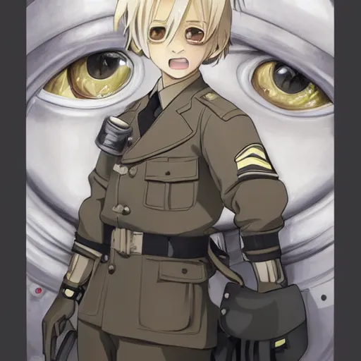 Image similar to beautiful little blonde boy in nazi uniform. made in abyss art style, inspired by kris from deltarrune, cute detailed artwork, anatomically correct, soft details, ilya kuvshinov, reflection, perfect composition, portrait, illumination, digital art, detailed anime soft face, symmetrical face, western comic, illustration, realistic, evil face