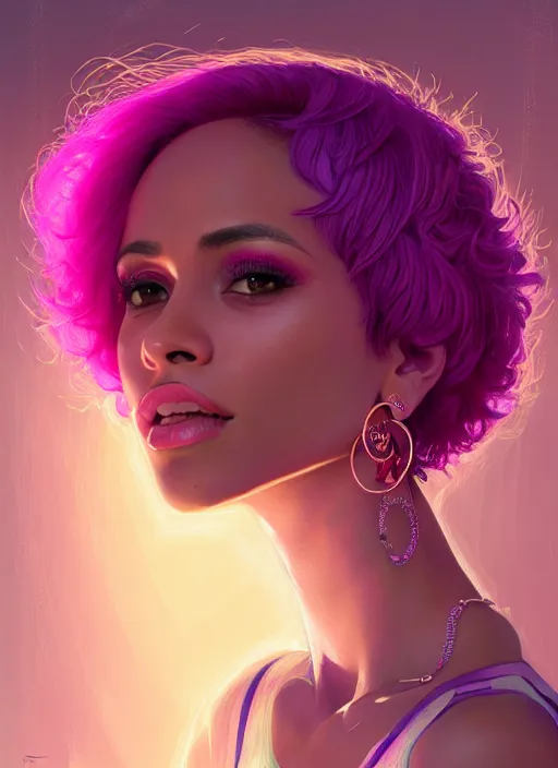 Image similar to portrait of vanessa morgan with bright pink hair, curly pixie cut hair, wearing a purple breton cap, breton cap, hoop earrings, intricate, elegant, glowing lights, highly detailed, digital painting, artstation, concept art, smooth, sharp focus, illustration, art by wlop, mars ravelo and greg rutkowski