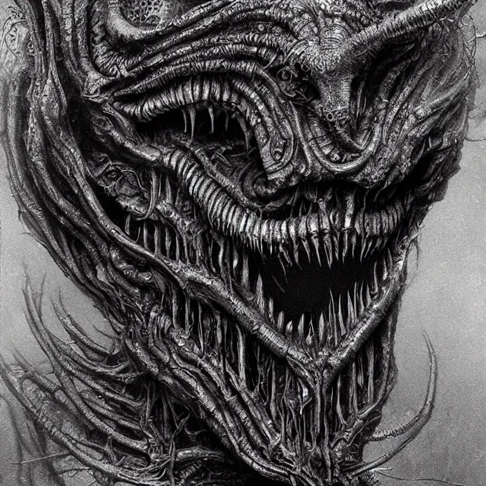 Image similar to space alien, slimy, glossy, sharp teeth, by h. r. giger, beksinski, nightmare fuel, nightmarish, intricate, highly detailed, optical illusion, stranger things demogorgon, volumetric lighting, flickering