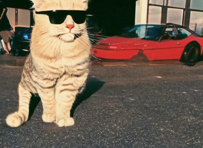 Prompt: color photo of a cool cat wearing sunglasses the 8 0's