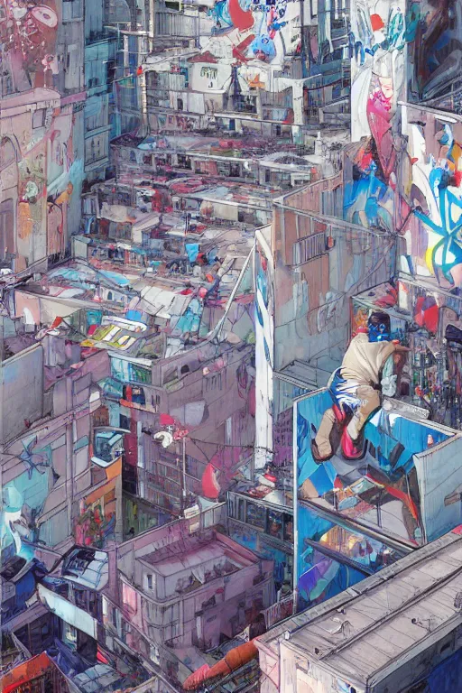 Prompt: people in a busy city people looking at a white building covered with graffiti paint dripping down to the floor, professional illustration by james jean, painterly, yoshitaka amano, hiroshi yoshida, moebius, loish, painterly, and artgerm, illustration