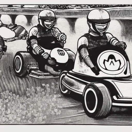 Image similar to a james tissot woodblock print of mario kart 6 4