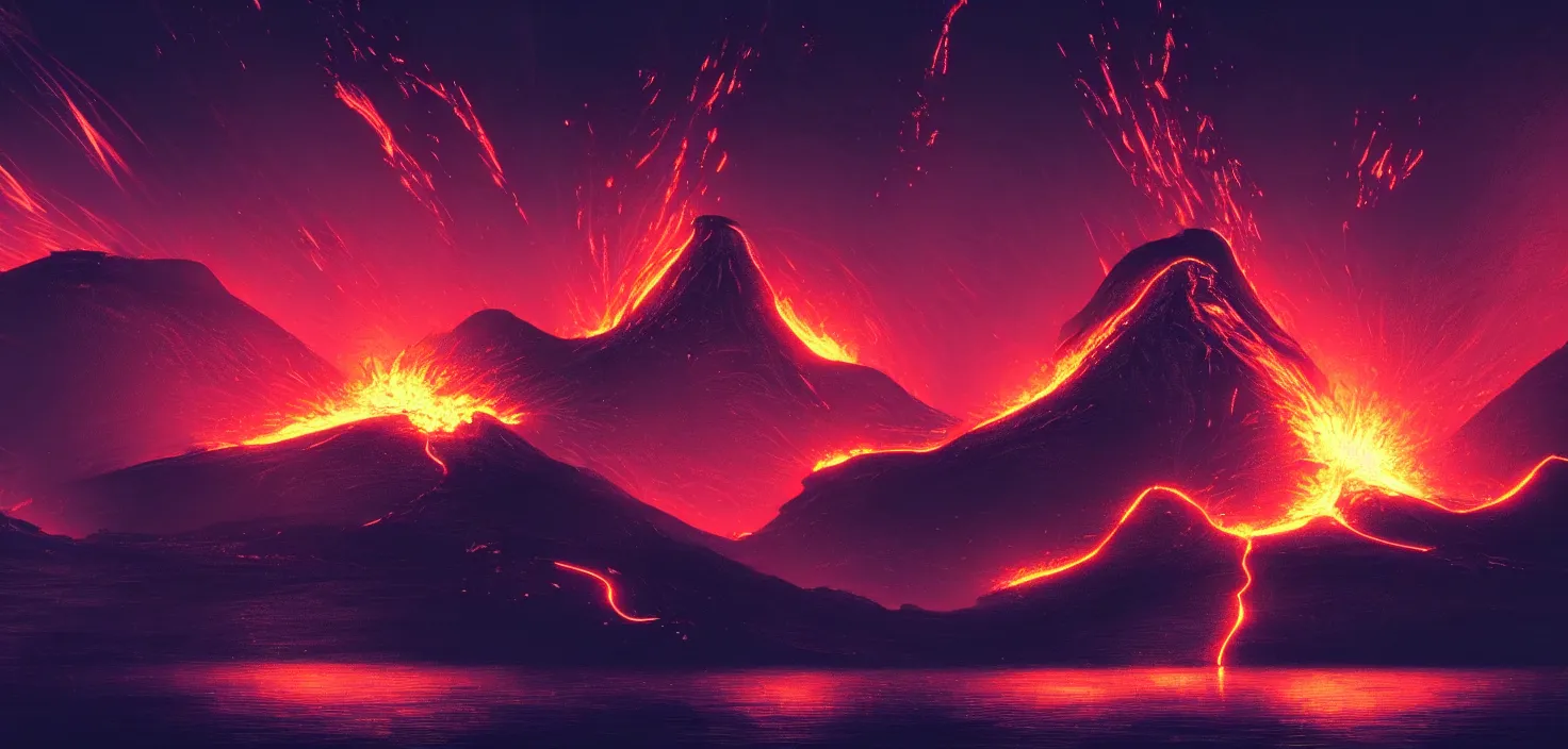 Image similar to night fantasy landscape with abstract mountains and island on the water, explosive volcano with burning lava, neon light. dark futuristic natural scene with reflection of light in the water, cinematic view, detailed, high detail, warm lighting, volumetric, godrays, vivid, beautiful, trending on artstation, by jordan grimmer, huge scene, art greg rutkowski