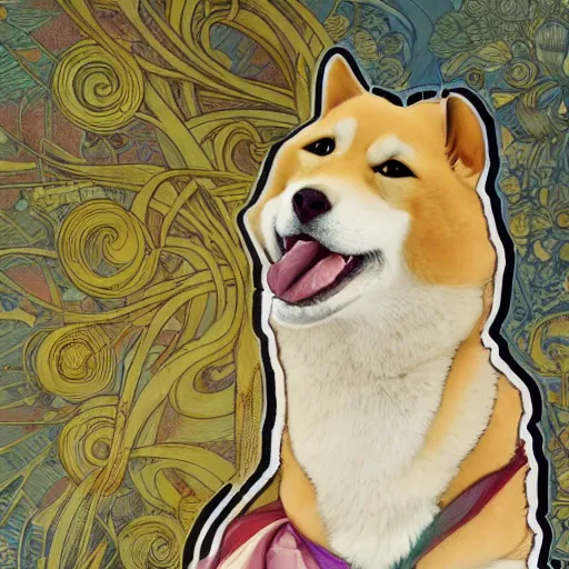 Prompt: portrait of happy laughing shiba inu with a background in the style of mucha. detailed. hd