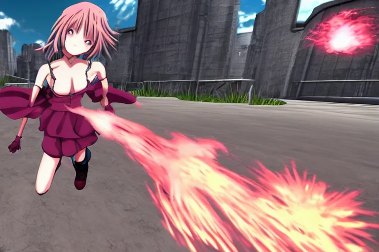 Image similar to an anime girl in a screenshot of the video game doom, the anime girl is running away