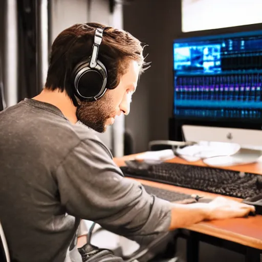 Prompt: guy producing music in the studio infront of a computer, realistic, photorealistic, nostalgic
