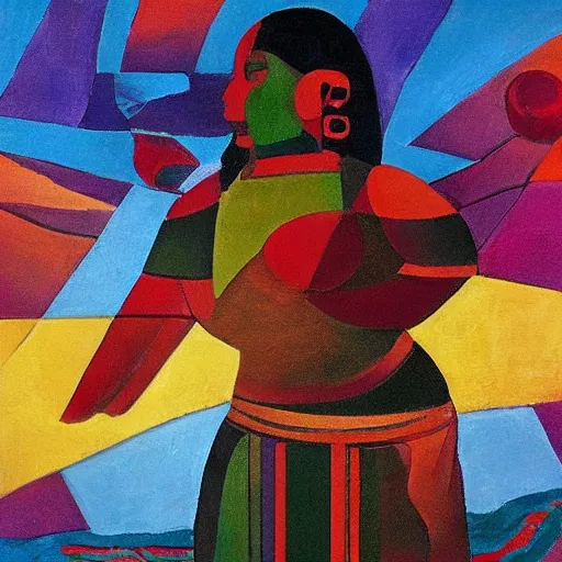 Prompt: fat mayan woman dancing, brilliant sunset, cubism, muted colors, texture