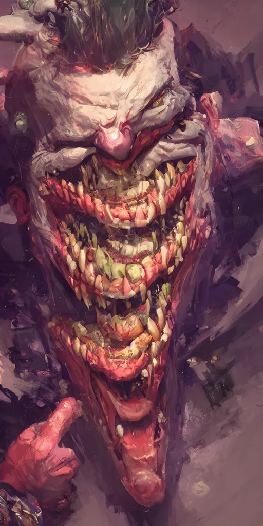 Image similar to Every Joker ever laughing at you, Darek Zabrocki, Karlkka, Jayison Devadas, Phuoc Quan, trending on Artstation, 8K, ultra wide angle, pincushion lens effect