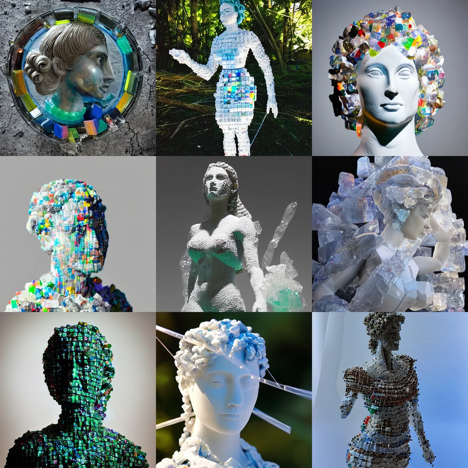 Prompt: “Inspired Artemis statue made of pieces of glass and plastic bags, detailed but rough, refracting light, 4k photo, great light and shadows, Sony 175mm”