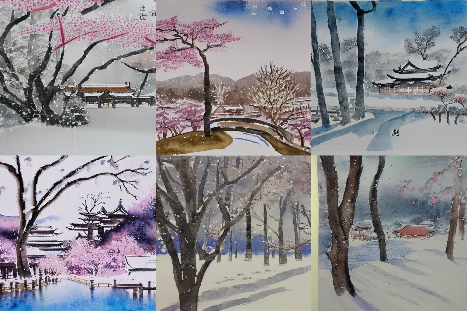 Prompt: 寺 in a 雪 landscape surrounded by 桜, long shot, watercolour painting