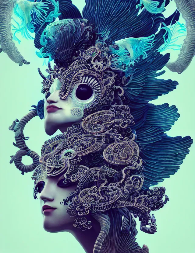 Image similar to 3 d goddess close - up frontal portrait with ram skull. beautiful intricately detailed japanese crow kitsune mask and clasical japanese kimono. betta fish, jellyfish phoenix, bio luminescent, plasma, ice, water, wind, creature, artwork by tooth wu and wlop and beeple and greg rutkowski