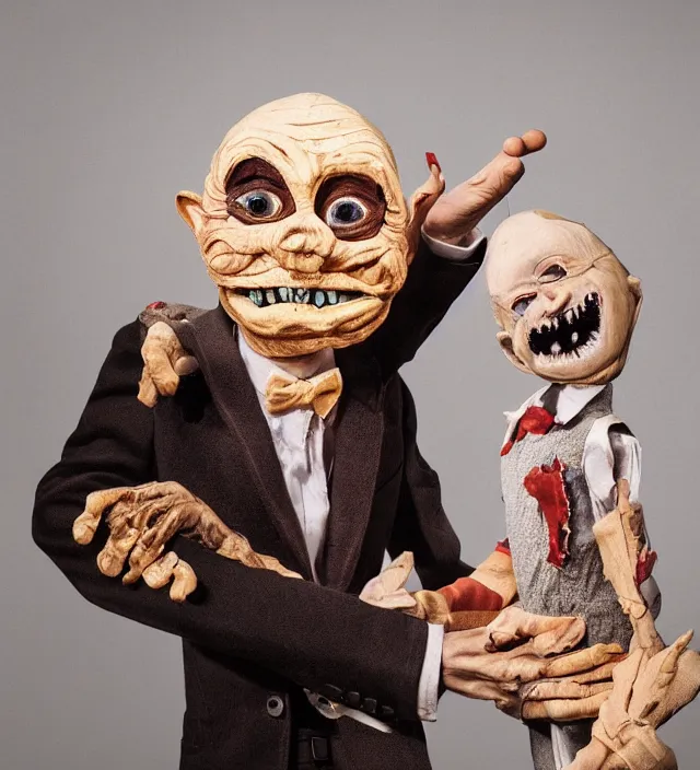 Prompt: hyper realistic photography of dead ventriloquist with terrific monster wooden puppet