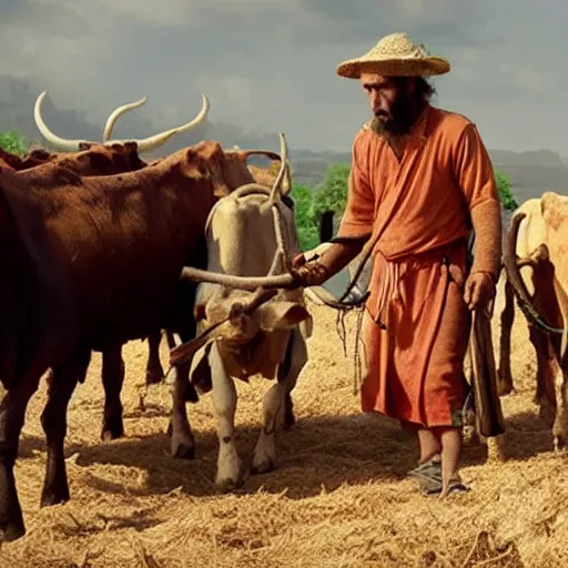 Image similar to cinematic still of farmer in ancient canaanite clothing working with oxen in the field, directed by steven spielberg