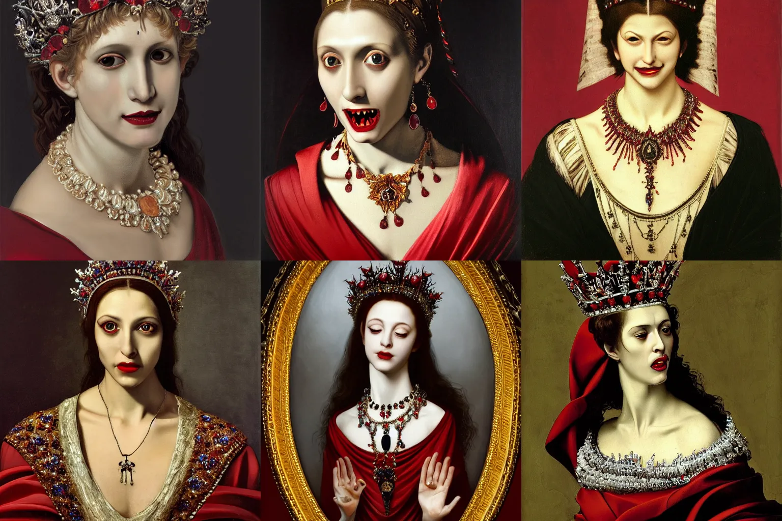 Image similar to A extremely highly detailed majestic hi-res beautiful immaculate head and shoulders painting of a beautiful bloody vampire woman with fangs, crying tears of red blood wearing a long royal red silk dress, the crown jewels is on her head and around her neck is a ornate golden necklace decorated with diamonds and rupees smiling by Michelangelo Merisi da Caravaggio, high detail, hyperrealistic, photorealistic, octante render, cinematic, high textures, royaltly, royal, hyper sharp, 4k insanely detailed and intricate, hypermaximalist, 8k, hyper realistic, super detailed, 4k HDR hyper realistic high,