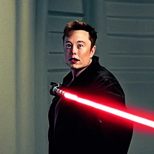 Image similar to film still of elon musk holding a red lightsaber