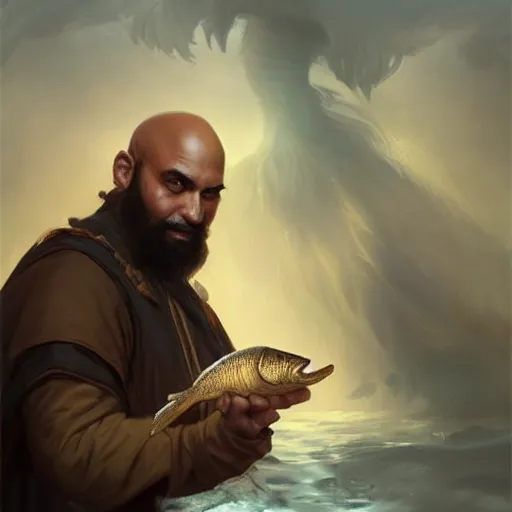 Image similar to wow! fanart young black bearded and bald man with a fish in his hand, d & d, high fantasy, detailed, digital art, artstation, smooth, sharp focus, art by artgerm, greg rutkowski, alphonse mucha