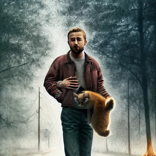 Image similar to Ryan Gosling holding a cute caracal, in style of stranger things by Aron Wiesenfeld and beksincki, cinematic, detailed illustration, nature, fog, dark colors, suspense, intricate, 8k